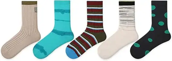 Five colorful mid-calf novelty socks in mixed patterns